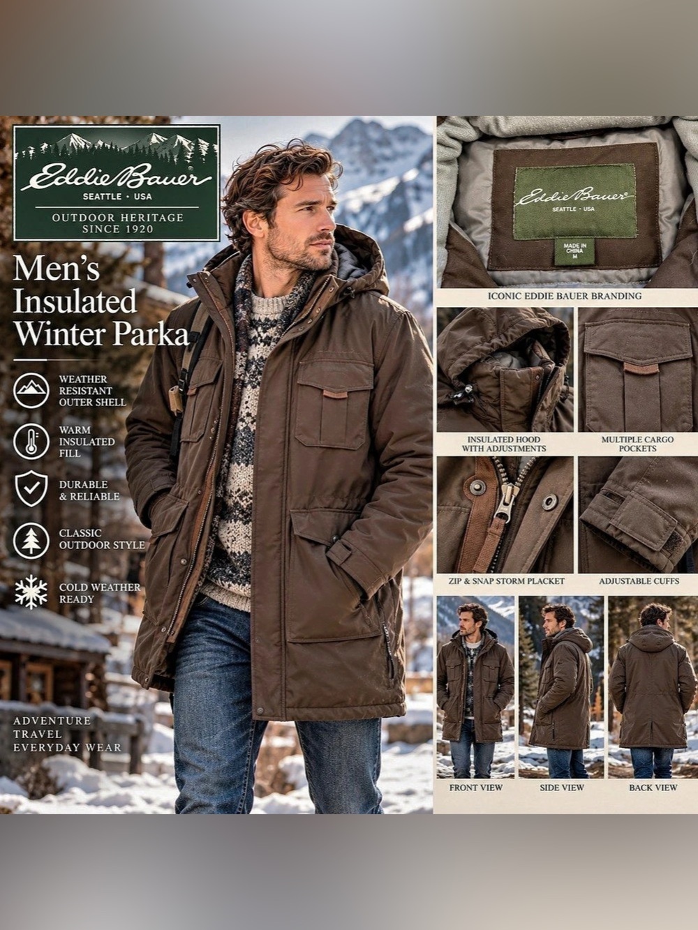Eddie Bauer Men's Rainfoil Heritage Insulated Parka Brown Medium